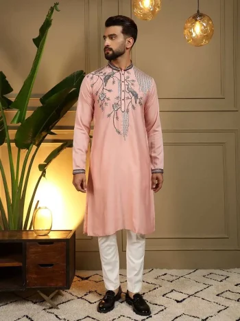DESIGNER VISCOSE SILK EMBROIDERY SEQUENCE WORK MEN'S KURTA PAYJAMA PEACH