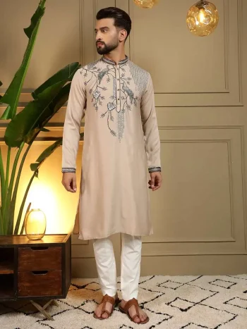DESIGNER VISCOSE SILK EMBROIDERY SEQUENCE WORK MEN'S KURTA PAYJAMA CREAM