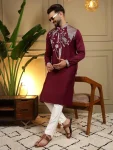 DESIGNER VISCOSE SILK EMBROIDERY SEQUENCE WORK MEN'S KURTA PAYJAMA MAROON