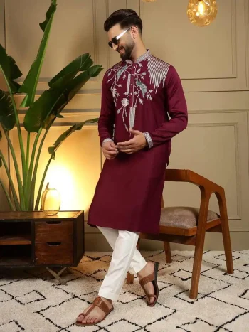 DESIGNER VISCOSE SILK EMBROIDERY SEQUENCE WORK MEN'S KURTA PAYJAMA MAROON
