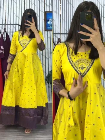 DESIGNER ZOYA SILK EMBROIDERY WORK AND FOIL PRINT WORK GOWN LEMON