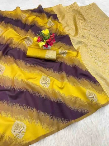 FANCY BANARASI SILK FLOWERS AND MINA & ZARI WEAVING RICH PALLU WITH ZARI WEAVING BORDER WORK SAREE WITH UNSTITCHED BLOUSE YELLOW