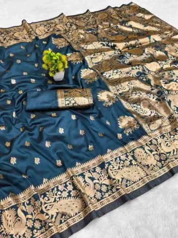 FANCY BANARASI SILK ZARI WEAVING RICH PALLU WITH ZARI WEAVING UNIQUE BORDER WORK SAREE WITH UNSTITCHED BLOUSE TEAL
