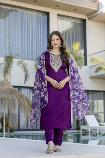 FANCY CHANDERI COTTON SILK SEQUENCE CODING EMBROIDERY WORK TOP BOTTOM WITH DUPATTA PURPLE