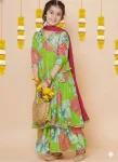 FANCY CHANDERI SILK PRINT WORK KID'S TOP SHARARA WITH DUPATTA PARROT GREEN