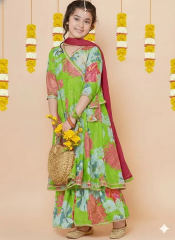 FANCY CHANDERI SILK PRINT WORK KID'S TOP SHARARA WITH DUPATTA PARROT GREEN