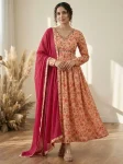 FANCY CHINON DIGITAL PRINTED WITH BEAUTIFUL HAND WORK GOWN BOTTOM WITH DUPATTA ORANGE AND PINK