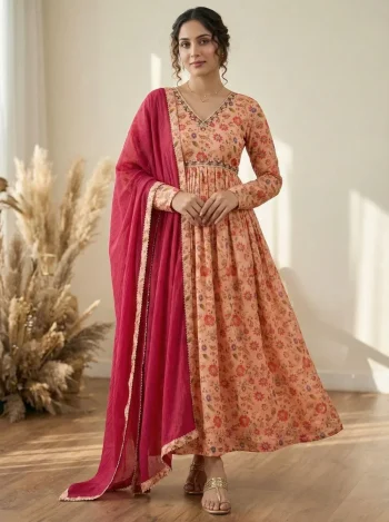 FANCY CHINON DIGITAL  PRINTED WITH BEAUTIFUL HAND WORK  GOWN BOTTOM WITH DUPATTA ORANGE AND PINK