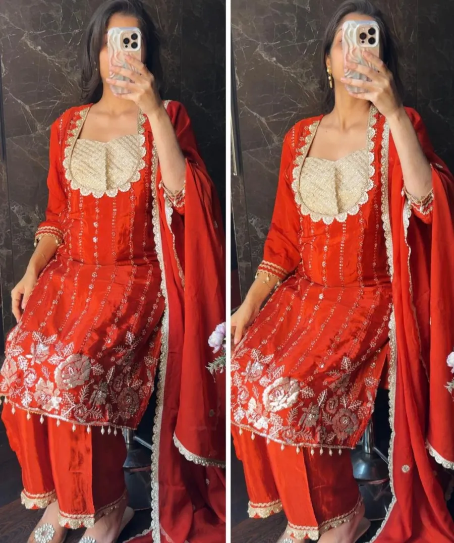 FANCY CHINON EMBROIDERY, ZARI AND SEQUENCE & LACE WORK TOP PALAZZO WITH BUSTIER AND DUPATTA FESTIVE WEAR WHOLESALE PRICE ETHNIC GARMENT (2)