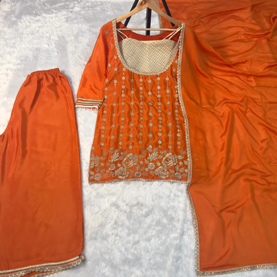 FANCY CHINON EMBROIDERY, ZARI AND SEQUENCE & LACE WORK TOP PALAZZO WITH BUSTIER AND DUPATTA FESTIVE WEAR WHOLESALE PRICE ETHNIC GARMENT (4)