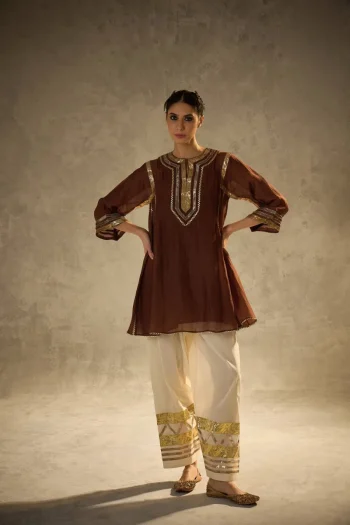 FANCY CHINON FANCY GOTA PATTI WORK TOP BOTTOM SET CHIKU