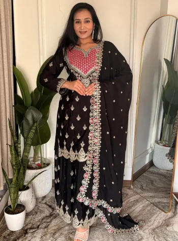 FANCY CHINON SILK EMBROIDERY CODING SEQUENCE WORK WITH HANDS WORKS MIRROR DIAMOND WORK TOP PALAZZO WITH DUPATTA BLACK