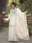 FANCY CHINON SILK EMBROIDERY CODING SEQUENCE WORK WITH HANDS WORKS MIRROR DIAMOND WORK TOP PALAZZO WITH DUPATTA OFF WHITE