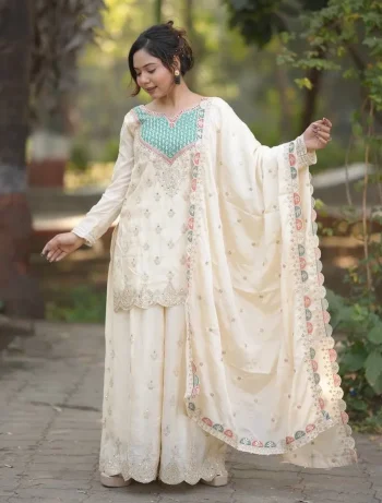 FANCY CHINON SILK EMBROIDERY CODING SEQUENCE WORK WITH HANDS WORKS MIRROR DIAMOND WORK TOP PALAZZO WITH DUPATTA OFF WHITE