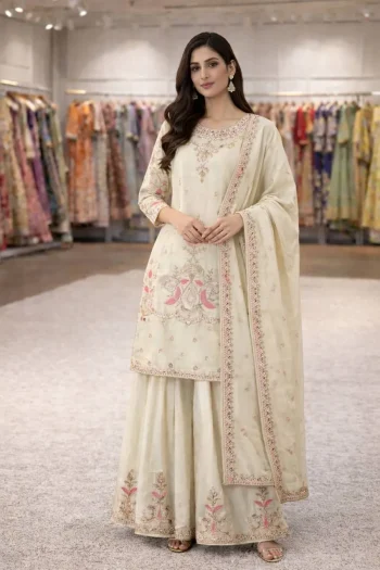 FANCY CHINON SILK EMBROIDERY THREAD & SEQUENCE WORK TOP PALAZZO WITH DUPATTA OFF WHITE