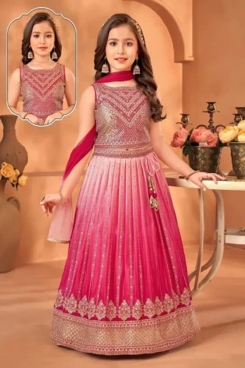 FANCY CHINON SILK SEQUENCE EMBROIDERY WORK KID'S LEHENGA CHOLI WITH DUPATTA PINK