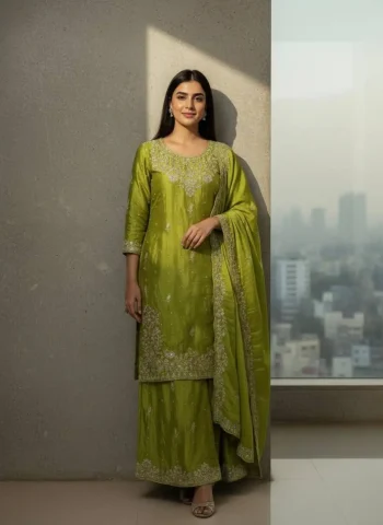FANCY CHINON SILK ZARI AND THREAD EMBROIDERY & PEARL WORK TOP PALAZZO WITH DUPATTA PARROT GREEN