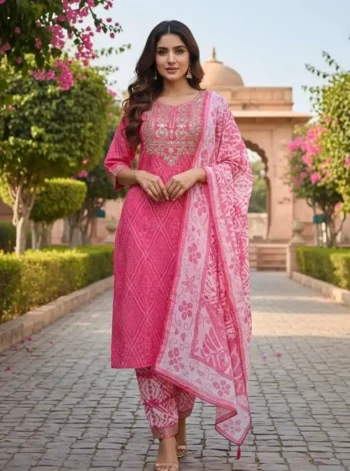 FANCY COTTON BANDHANI PRINT WITH EMBROIDERY WORK TOP BOTTOM WITH DUPATTA PINK