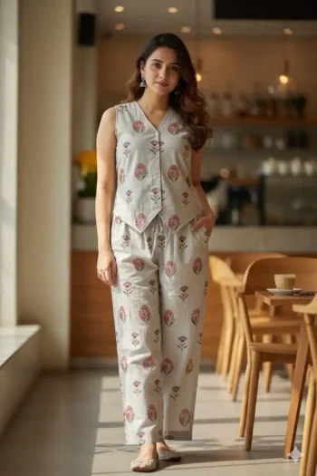 FANCY COTTON DIGITAL PRINT WORK CO-ORD SET OFF WHITE