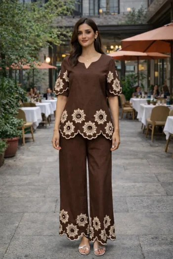 FANCY COTTON EMBROIDERY CHAIN STITCH WORK CO-ORD SET BROWN