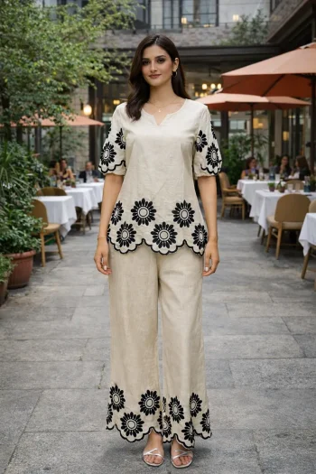 FANCY COTTON EMBROIDERY CHAIN STITCH WORK CO-ORD SET OFF WHITE
