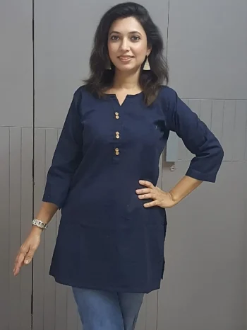 FANCY COTTON PLAIN WITH WOODEN SHOW BUTTON WORK ONLY TOP NAVY BLUE