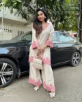FANCY COTTON RAYON EMBROIDERY WORK CO-ORD SET OFF WHITE AND PINK