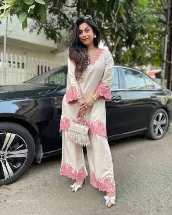 FANCY COTTON RAYON EMBROIDERY WORK CO-ORD SET OFF WHITE AND PINK
