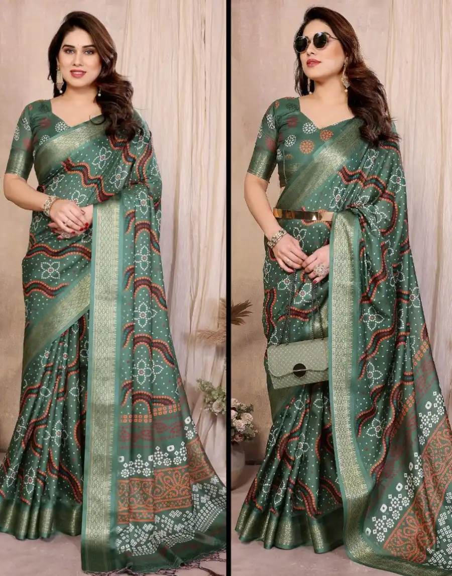 FANCY COTTON SILK BANDHEJ PRINT WORK SAREE WITH UNSTITCHED BLOUSE FESTIVE WEAR WHOLESALE PRICE ETHNIC GARMENT (1)