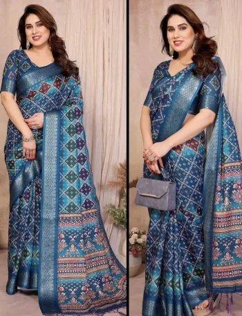 FANCY COTTON SILK BANDHEJ PRINT WORK SAREE WITH UNSTITCHED BLOUSE TEAL