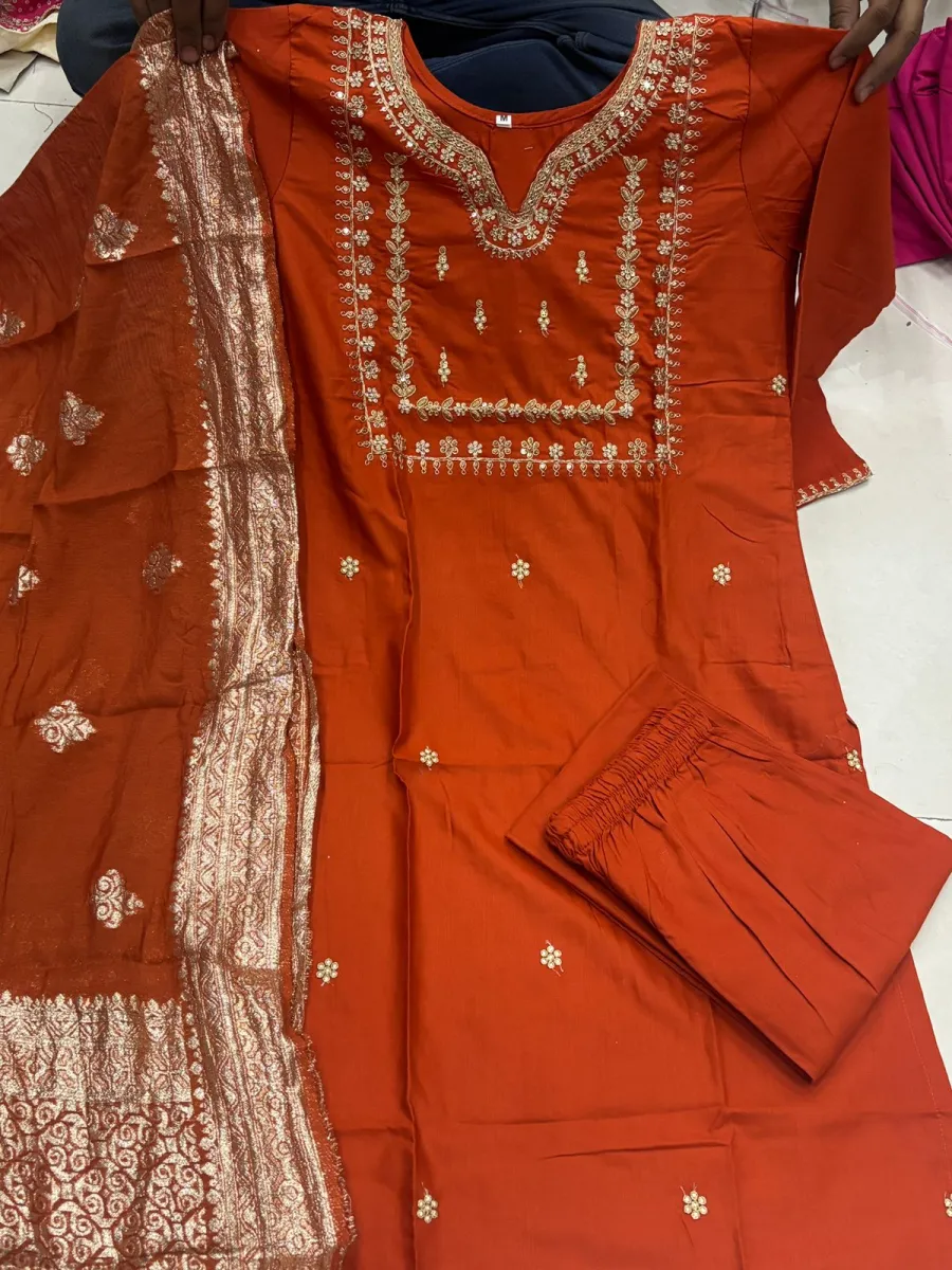FANCY COTTON SILK CODING WORK TOP BOTTOM WITH DUPATTA FESTIVE WEAR WHOLESALE PRICE ETHNIC GARMENT (9)