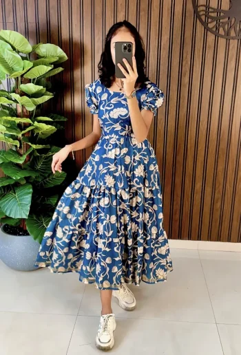 FANCY COTTON SILK DIGITAL PRINT WORK ONE PIECE BLUE