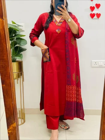 FANCY COTTON THREAD EMBROIDERY WORK TOP BOTTOM WITH DUPATTA RED