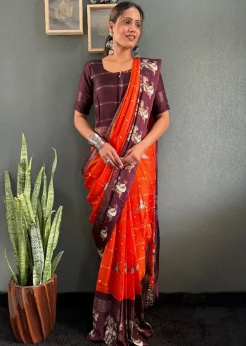 FANCY DOLA SILK PRINTED ON WOVEN WORK GOWN SAREE ORANGE