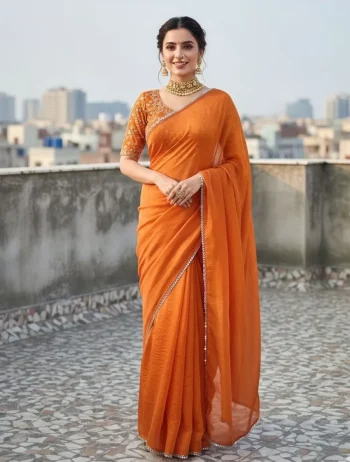 FANCY FENDY SATIN MIRROR LACE WORK SAREE WITH STITCHED BLOUSE ORANGE