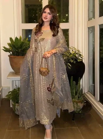 FANCY GEORGETTE DUAL SEQUENCE HEAVY EMBROIDERY & PEARL MOTI WORK TOP BOTTOM WITH DUPATTA GREY