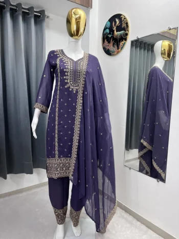 FANCY GEORGETTE EMBROIDERY SEQUENCE WORK TOP BOTTOM WITH DUPATTA PURPLE