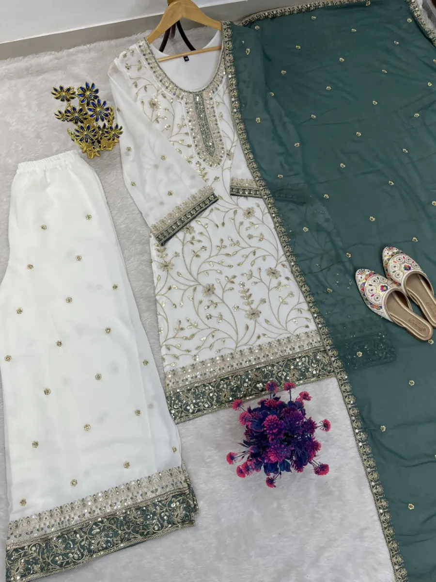 FANCY GEORGETTE EMBROIDERY SEQUENCE WORK TOP PALAZZO WITH DUPATTA FESTIVE WEAR WHOLESALE PRICE ETHNIC GARMENT (13)