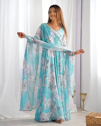 FANCY GEORGETTE FLORAL PRINT WORK ANARKALI GOWN WITH DUPATTA SKY