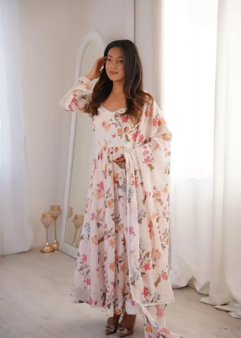FANCY GEORGETTE FLORAL PRINT WORK GOWN BOTTOM WITH DUPATTA OFF WHITE