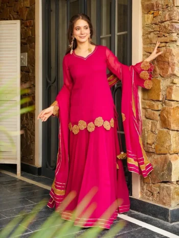 FANCY GEORGETTE GOTA PATTI WORK FANCY BROCKET PATCH BUTTS CUT WORK TOP PALAZZO WITH DUPATTA RANI