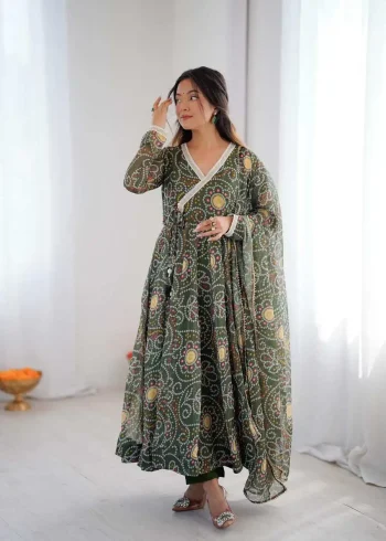 FANCY GEORGETTE PRINTED WITH READY MADE LACE WORK GOWN BOTTOM WITH DUPATTA MEHNDI