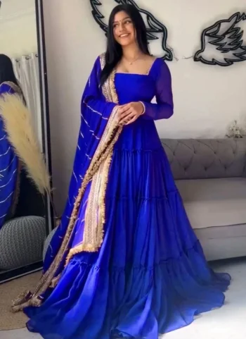 FANCY GEORGETTE RUFFLE STYLE WORK GOWN WITH DUPATTA BLUE