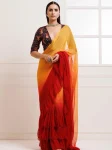FANCY GEORGETTE RUFFLE WORK SAREE WITH UNSTITCHED BLOUSE ORANGE