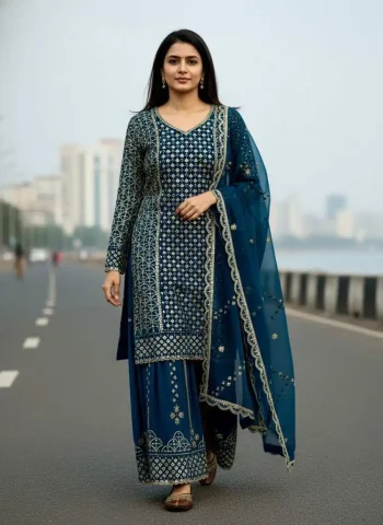 FANCY GEORGETTE SEQUENCE EMBROIDERY WORK TOP PALAZZO WITH DUPATTA  TEAL