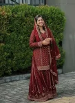 FANCY GEORGETTE SEQUENCE EMBROIDERY WORK TOP PALAZZO WITH DUPATTA  MAROON
