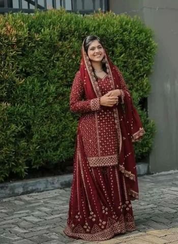 FANCY GEORGETTE SEQUENCE EMBROIDERY WORK TOP PALAZZO WITH DUPATTA  MAROON