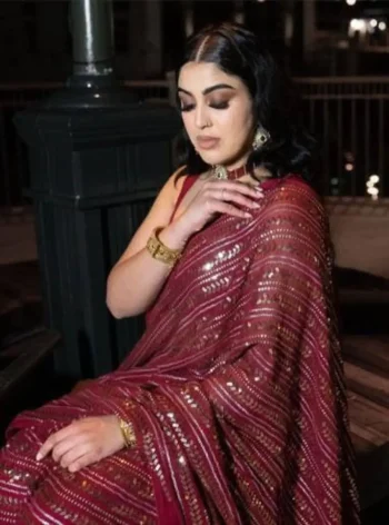 FANCY GEORGETTE SEQUENCE WORK SAREE WITH UNSTITCHED BLOUSE MAROON