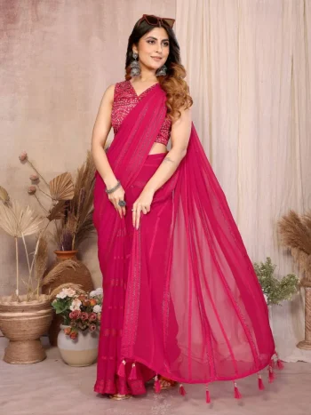 FANCY GEORGETTE SILK( KAJU PATTA PETTERN ) PLAIN SAREE WITH UNSTITCHED BLOUSE PINK