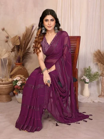 FANCY GEORGETTE SILK( KAJU PATTA PETTERN ) PLAIN SAREE WITH UNSTITCHED BLOUSE WINE